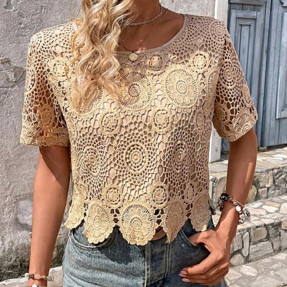 Tops - Solid Scallop Trim Guipure Lace Blouse